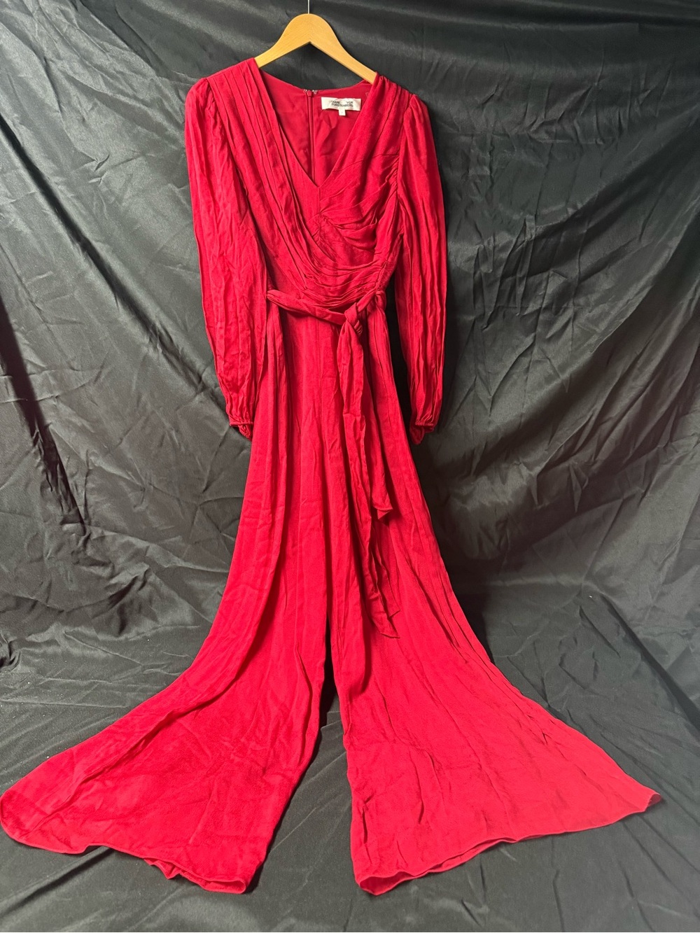 Diane Von Furstenberg Crimson Red Long-Sleeve Wrap Jumpsuit size small